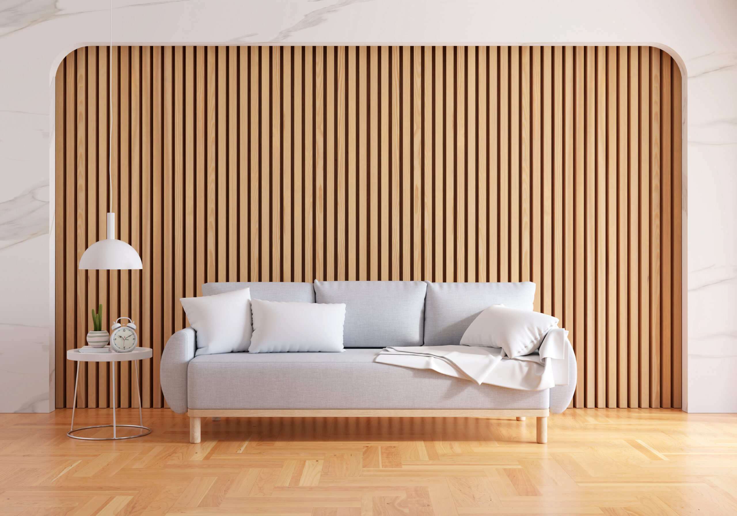 Gray sofa in living room with copy space for mock up, 3D renderi
